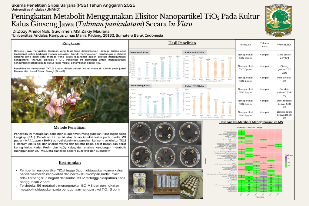 Peningkatan metabolit sekunder menggunakan elisitor nanopartikel TiO2 pada kultur kalus ginseng jawa (Talinum paniculatum) secara in vitro