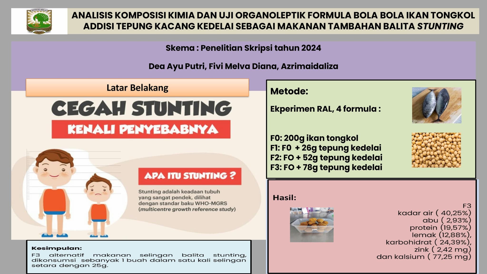 Analisis Komposisi Kimia dan Organoleptik Formula Bola - Bola Ikan Tongkol Addisi Tepung Kacang Kedelai Sebagai Makanan Tambahan Balita Stunting